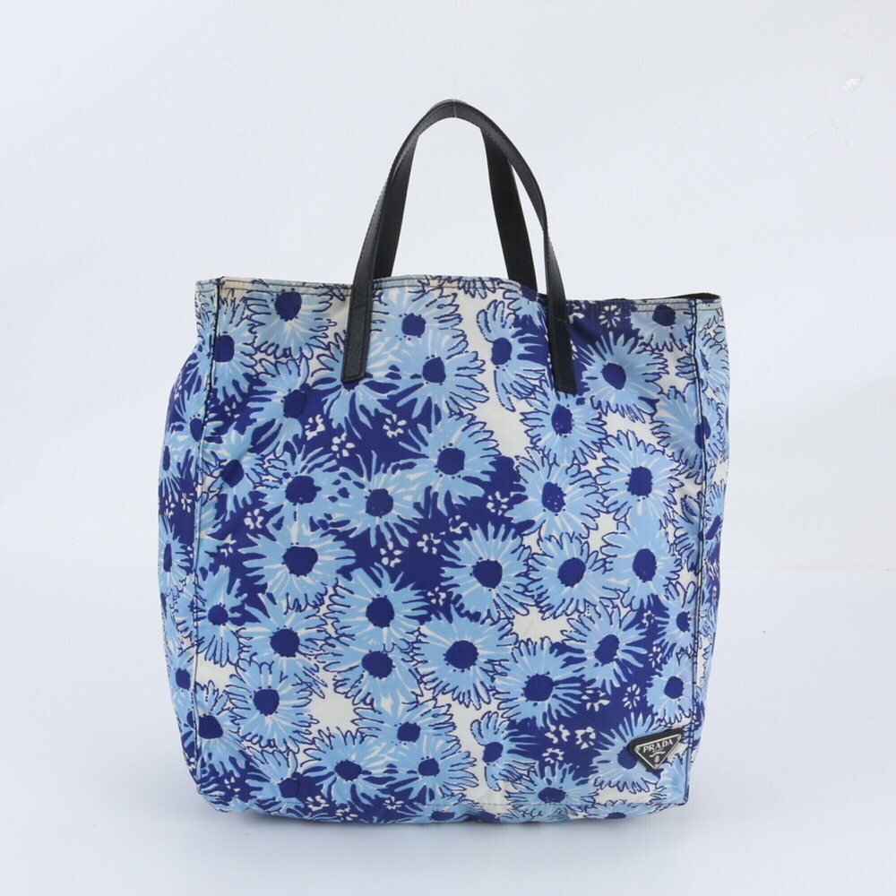 Prada Tessuto Nylon Flower Triangle Logo Leather Tote Bag with White Tag (Wom...